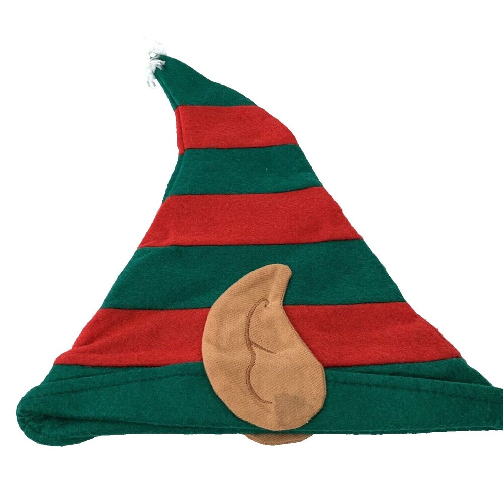 Elf Christmas Hat Santa's Helper Green And Red Stripe Pointy Ears Pom Pom